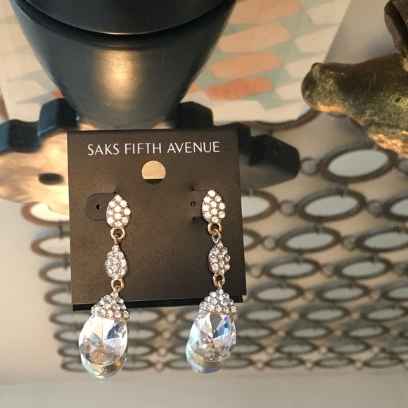 Saks Fifth Avenue Jewelry - Saks Fifth Avenue Gold and Crystal Double Drop Earrings New